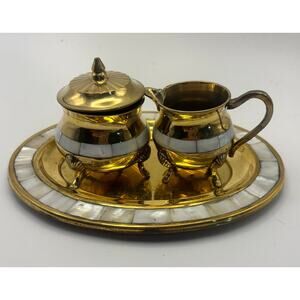 Vintage Brass Sugar Creamer Set Mother of Pearl Inlay Tray Made in India